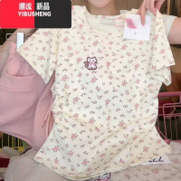 YIBUSHENG2024季新款圆领碎花短袖T恤女短款显瘦设计感小众别致修身上衣