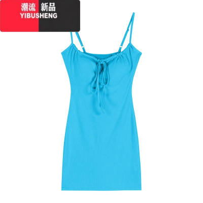 YIBUSHENG蓝色系带吊带连衣裙女季短裙小个子性感辣妹裙子紧身收腰包臀裙