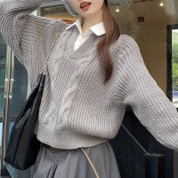 麻花假两件衬衫毛衣女士学院风秋季小众宽松针织衫女装长袖上衣潮_1