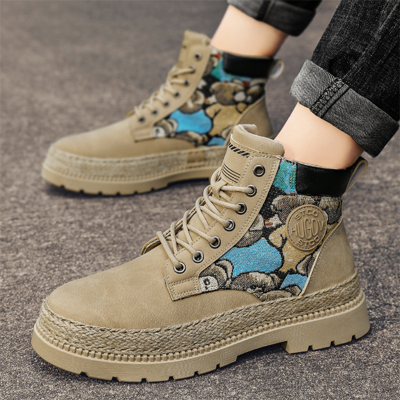 秋季新款马丁鞋个性草编厚底增高工装马丁靴卡通小熊皮革高帮男鞋