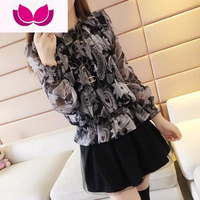 七斓春装女装2019潮宽松大码碎花打底小衫长袖收腰立领上衣时尚雪纺衫