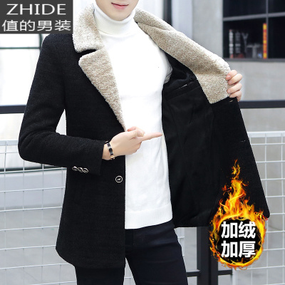 SUNTEK小西装男士中长款风衣外套青年修身加绒加厚毛呢大衣英伦帅气西服风衣