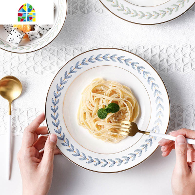 树叶金边米饭碗家用汤盘菜盘面碗创意个红陶瓷餐具套装 FENGHOU 树叶金边8英寸深盘绿