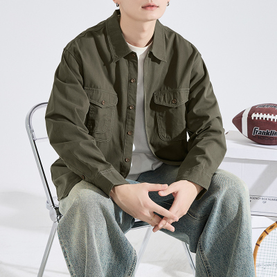 [3件8.5折144.4元,叠加优惠券]唐狮秋季新款长袖衬衫男翻领简约工装衬衫口袋日系上衣外套潮