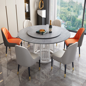 欧梵森 北欧轻奢岩板餐桌意式实木餐桌椅组合家用小户型饭桌现代简约大理石圆桌转盘