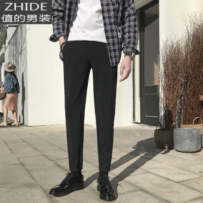 SUNTEK夏季西裤男修身小脚九分休闲裤韩版潮流垂感西装裤男士黑色长裤子西裤