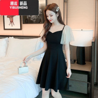 YIBUSHENG2024季小个子赫本风钉珠网纱拼接连衣裙V领气质法式复古小黑裙