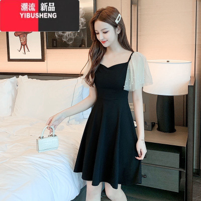 YIBUSHENG2024季小个子赫本风钉珠网纱拼接连衣裙V领气质法式复古小黑裙