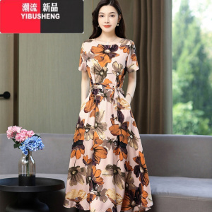 YIBUSHENG中老年女装棉麻连衣裙季妈妈装大码修身短袖中长款绵绸碎花裙子