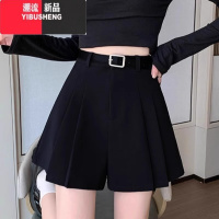 YIBUSHENG高级感灰色西装百褶短裙裤女大码胖|mm高腰宽松a字休闲裤阔腿热裤