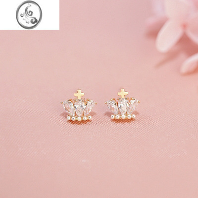 JiMi水晶皇冠耳钉女小巧精致2023年新款潮玫瑰金银银针小众设计感耳环