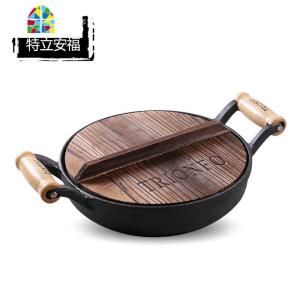 免开锅铸铁平底煎锅双耳不易粘锅家用加厚生铁锅烙饼铛 FENGHOU 新款免开锅30木柄煎锅木盖