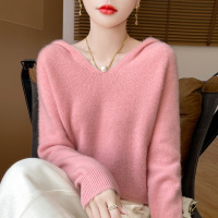 秋冬新款无缝一体桂花针设计羊毛帽衫女士七针加厚针织上衣