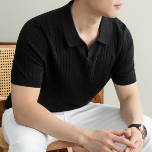 老钱风天丝亚麻针织polo衫男款2026夏季新款海鸥领提花短袖男T恤