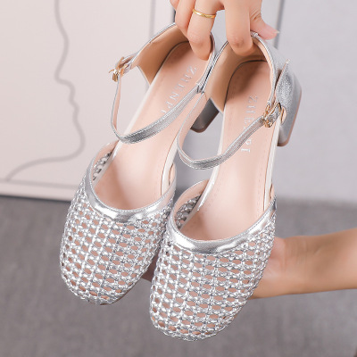 复古舒适透气百搭镂空编织夏季粗低跟圆头韩版中空包头凉鞋女