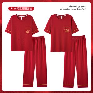 2026马年红色仿棉情侣睡衣女萌趣卡通短袖长裤透气圆领套头家居服