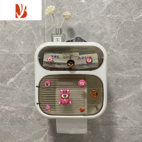 三维工匠卫生间免打孔纸巾盒置物架卡通厕所防水壁挂式浴室卷纸抽纸厕纸盒 双层-雅白-粉熊