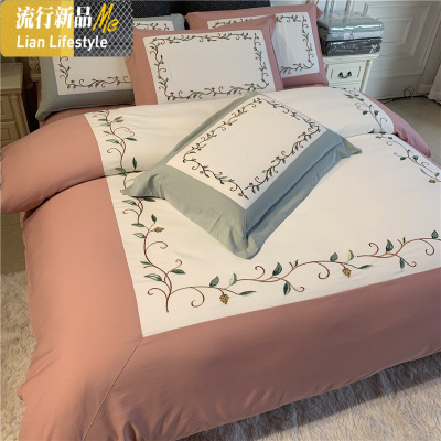欧式床单四件套春夏60支棉棉被套刺绣床笠北欧风床上用品 三维工匠