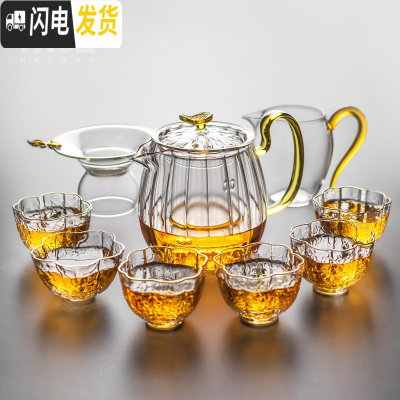 三维工匠耐热玻璃茶壶加厚耐热花茶壶单壶可加热煮茶壶家用功夫茶具泡茶壶 晶彩握把花瓣壶络纹9入