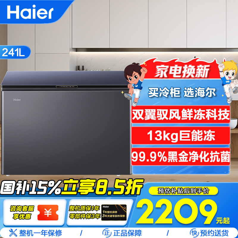 海尔(Haier)241升 家用卧式冰柜 冷柜 小冰箱 风冷无霜 一级能效BC/BD-241WGHEB1