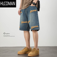 HLCOMAN夏季薄款潮牌水洗牛仔短裤男刺绣宽松直筒中裤美式嘻哈休闲五分裤