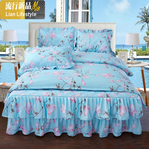 韩版加厚夹棉床裙四件套棉床裙式1.5m/1.8米床罩款棉床上用品 三维工匠