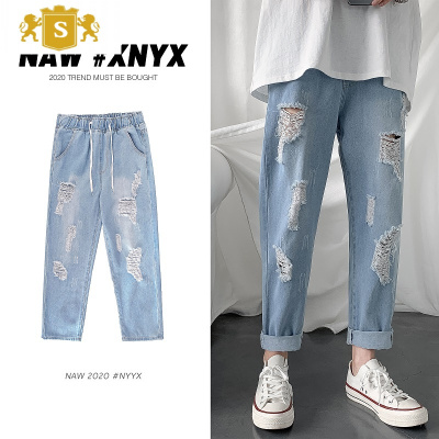 SUNTEK港风大码九分牛仔裤男个性刮烂韩版宽松破洞学生秋季松紧腰乞丐裤牛仔裤