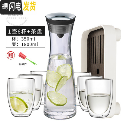 三维工匠Grand Cru欧式凉水壶玻璃可高温家用防爆冷水壶套装大容量凉水杯 大号水壶+6只水杯350+茶盘