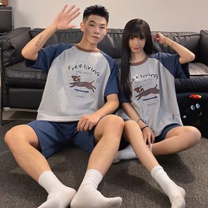 情侣秋冬季卡通套头睡衣短袖短裤女宽松休闲男士家居服可外穿套装