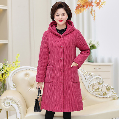 新款妈妈冬装棉衣中老年女装时尚棉麻连帽棉服婆婆洋气加绒厚外套