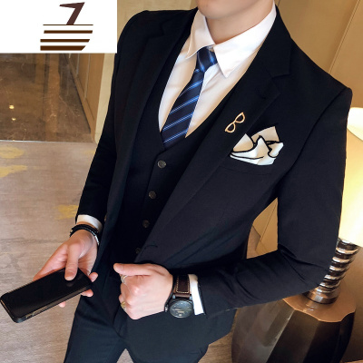 NEWLAKE秋装皇冠韩版修身西装套装男大码三件套新郎结婚礼服型师套装