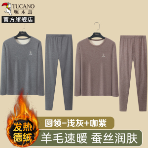 啄木鸟含羊毛蚕丝保暖内衣男套装加绒德加厚发热防寒秋衣裤2024冬