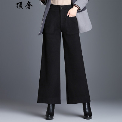顶奢秋冬季羊毛呢高腰阔腿裤女士宽裤子女2019新款端庄大气时尚宽松阔脚裤韩版九分粗腿裤肥腿女裤黑色