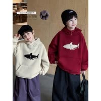 童酷男童冬季新款帅气鲨鱼刺绣宝宝上衣连帽加绒加厚儿童卫衣