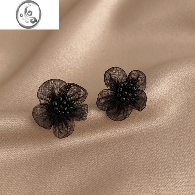 JiMi简约气质黑色花朵耳夹女无耳洞2022年新款潮高级小众设计名媛耳饰