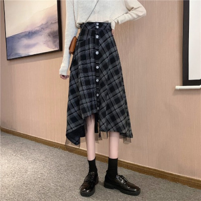 YIBUSHENG早春2021年韩版不规则格子半身裙女高腰a字中长裙设计感气质半裙