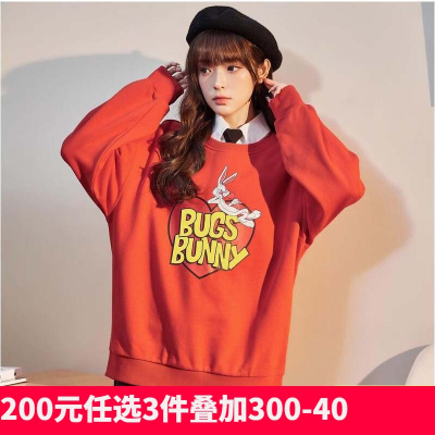 [200元任选3件]兔八哥联名唐狮春季新款女卫衣圆领时尚宽松复古潮流感上衣