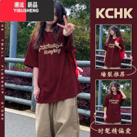 YIBUSHENG港风复古chic酒红色短袖t恤女季新款半袖情侣装上衣