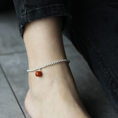 银饰女纯银本命年脚链古风简约百搭弹性森系转运天然南红玛瑙南瓜送女朋友老婆情人节七夕生日礼物