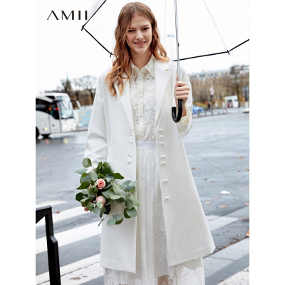 Amii极简超仙女神范风衣2019春季新撞料拼雪纺蕾丝珍珠扣上衣