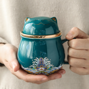 苏氏陶瓷(SUSHI CERAMICS)茶格盖杯彩画招财猫过滤水杯办公茶杯带便携旅行包(孔雀绿款)