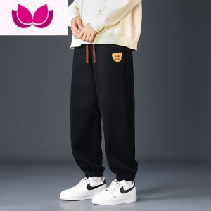 七斓小熊裤子男士春季新款休闲宽松运动长裤男生直筒束脚九分卫裤