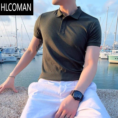 HLCOMAN2024夏季条纹透气冰丝T恤翻领百搭纯色修身短袖polo衫男半袖潮流