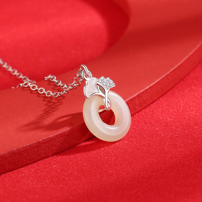 S925纯银玉上小杏运项链女轻奢小众设计锁骨链国潮和田玉吊坠项饰送女朋友老婆情人节七夕生日礼物