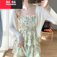 YIBUSHENG茶歇法式绿色碎花吊带连衣裙两件套装季蛋糕裙度假风海边沙滩裙