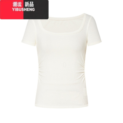 YIBUSHENG甜辣人社~基础简约U领正肩短袖T恤女甜辣修身显瘦短款上衣