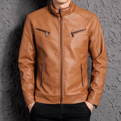 梵克公牛20早春新款男式带绒皮衣夹克外套皮褂上衣中年男子短款风衣30岁土黄M