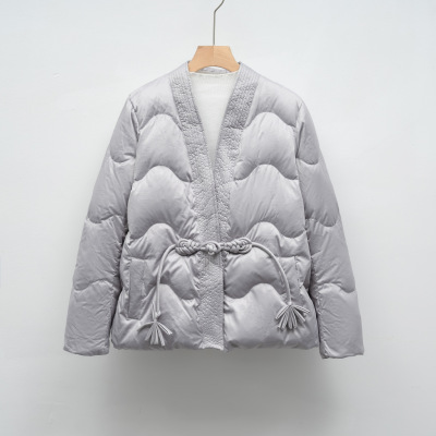 羽绒服新国标90绒休闲秋冬简约国风纯色V领宽松外套