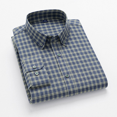 春秋新款全棉磨毛格子长袖衬衫男式修身衬衣男士百搭商务休闲寸衫