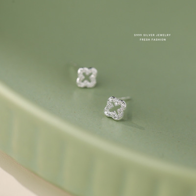 韩版轻奢微镶锆石镂空四叶草耳钉女s999纯银百搭时尚小巧足银耳饰送女朋友老婆情人节七夕生日礼物
